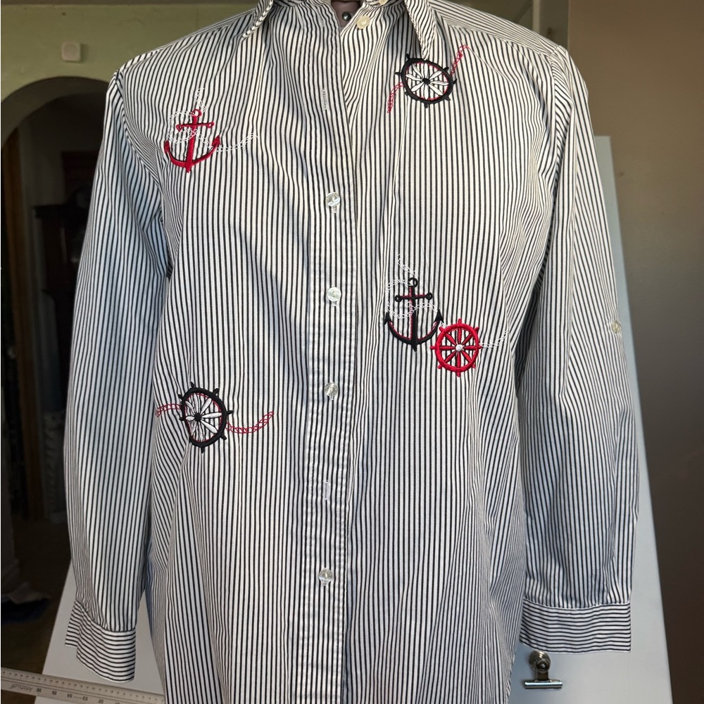 Allison Daley Black-and-White Striped Button-Up with Red Nautical Embroidery